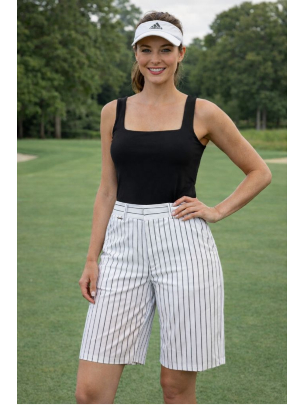 Women's Lauren Active Ralph Lauren Size 2 White Black Striped Bermuda Shorts